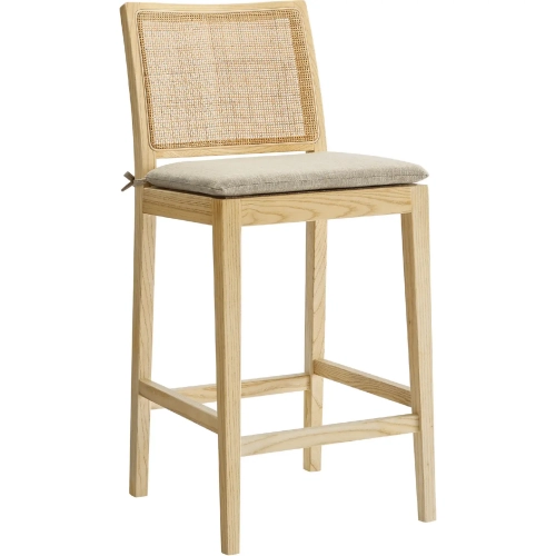 Ovard Counter Stool in Natural Wood, Rattan & Beige Fabric