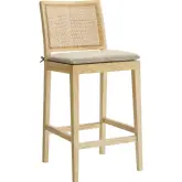 Ovard Counter Stool in Natural Wood, Rattan & Beige Fabric
