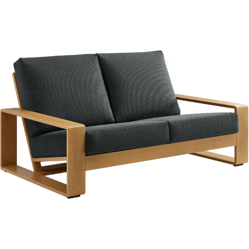 Lirienne Outdoor Loveseat in Faux Wood Aluminum & Charcoal Gray Fabric
