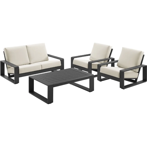 Lirienne 4 Piece Outdoor Loveseat Set in Gray Aluminum & Cream Fabric