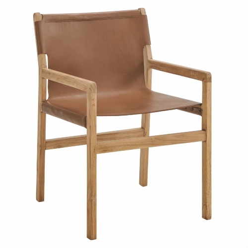 Sonora Dining Arm Chair in Chestnut Tan Leather & Teak Wood