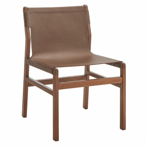 Sonora Dining Side Chair in Nutmeg Brown Leather & Teak Wood