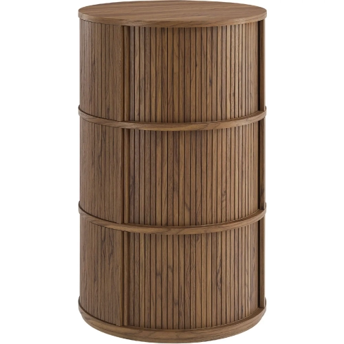 Clement Round Pedestal Stand Storage Table with Sliding Tambour Doors in Walnut Finish