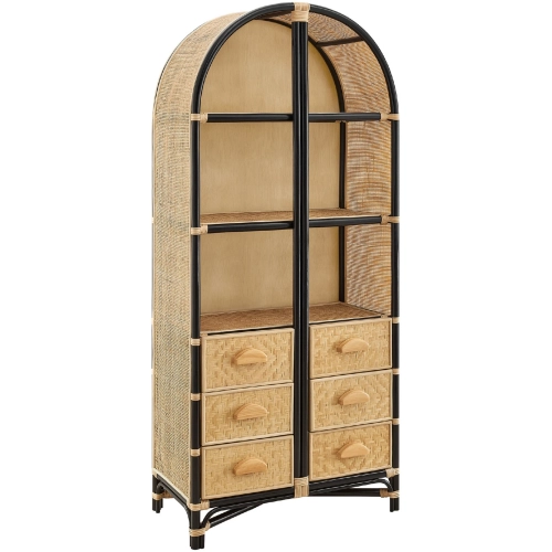 Jane 71" Tall Arched Bookcase in Natural & Black Finish Rattan