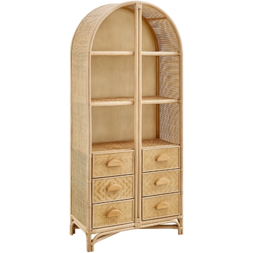 Jane 71" Tall Arched Bookcase in Natural Brown Rattan