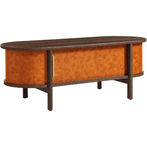 Coralie Curved Coffee Table in Walnut Finish & Tan Vegan Leather