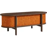 Coralie Curved Coffee Table in Walnut Finish & Tan Vegan Leather