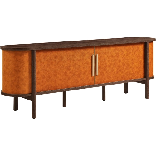 Coralie Curved 71" TV Stand in Walnut Finish & Tan Vegan Leather