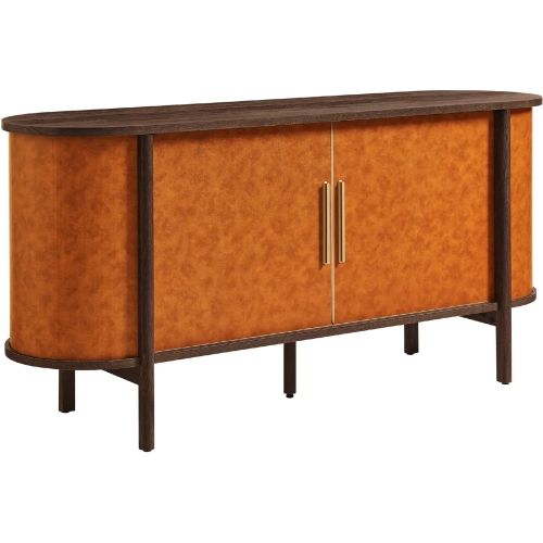 Coralie Curved Sideboard in Walnut Finish & Tan Vegan Leather