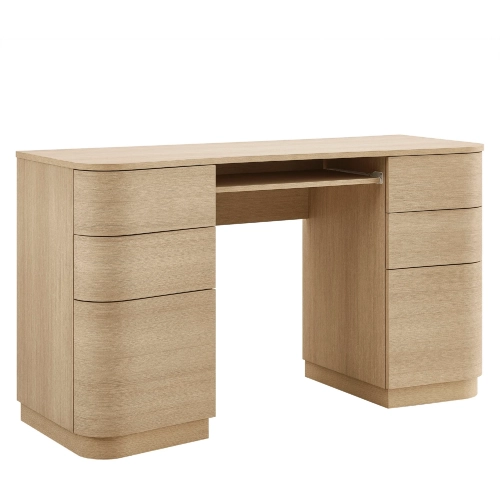 Mirae 55" 6 Drawer Curved Desk in Brushed Light Oak Wood Grain Laminate