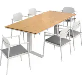 Aeris 7 Piece Outdoor Dining Set in White Aluminum, Faux Wood & Gray Fabric