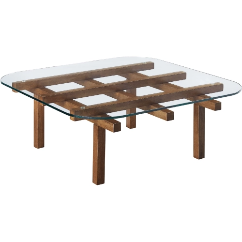 Isby 35" Coffee Table in Walnut Brown Finish Wood & Tempered Glass