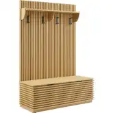 Render Fluted 3 in 1 Coat Rack w/ Storage Bench & Shelf in Oak Finish