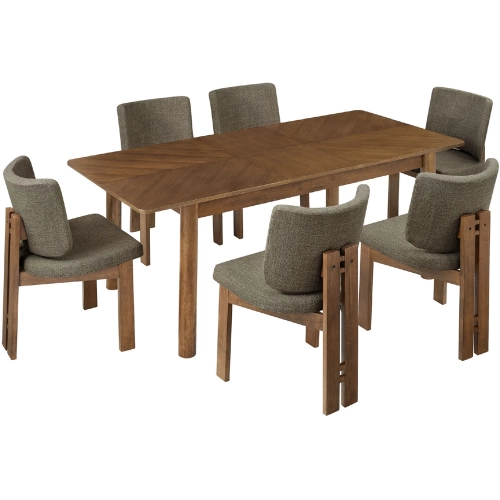 Alba 7 Piece Dining Set in Walnut Finish Wood & Taupe Brown Fabric