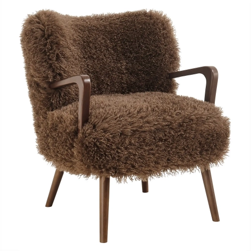 Zerra Accent Arm Chair in Brown Faux Shearling & Wood