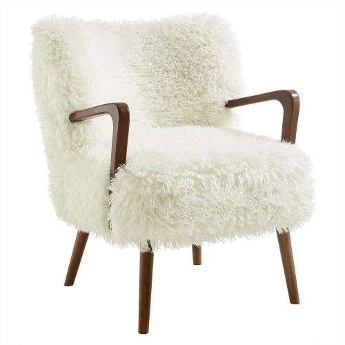 Zerra Accent Arm Chair in White Faux Shearling & Wood