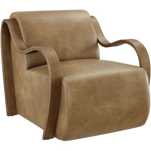 Atrium Accent Arm Chair in Toast Brown Vegan Leather & Wood