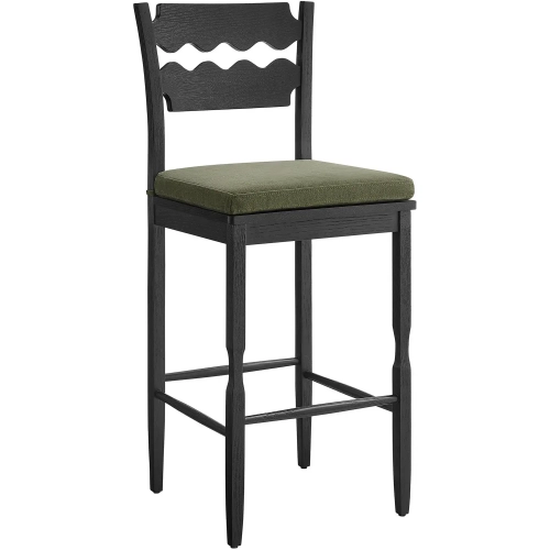 Jax Wavy Razor Back Bar Stool in Black Oak & Sage Green Fabric