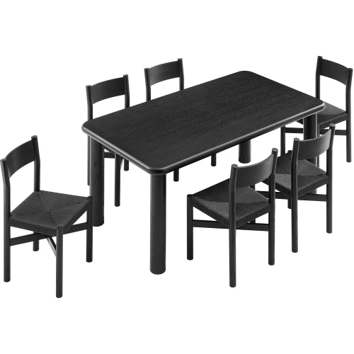 Alvia 7 Piece Dining Table Set in Black Oak Wood & Paper Rope