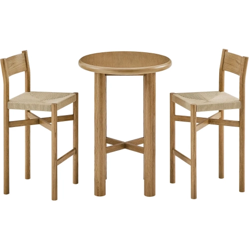 Alvia 3 Piece Round Bar Height Dining Set in Weathered Oak Wood & Paper Rope