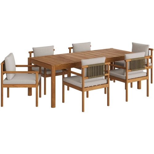Eleni 7 Piece Outdoor Dining Set in Teak, Sail White Fabric & Rope