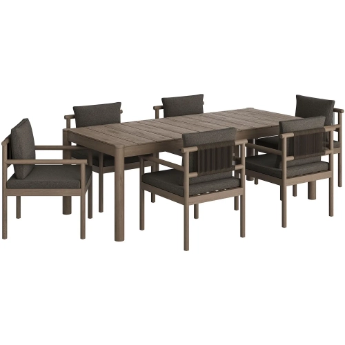 Eleni 7 Piece Outdoor Dining Set in Weathered Teak, Gray Flint Fabric & Rope