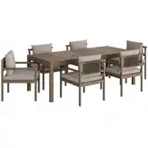 Eleni 7 Piece Outdoor Dining Set in Weathered Teak, Gray Pebble Fabric & Rope
