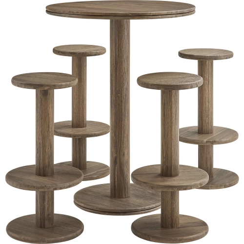 Neo 5 Piece Round Indoor Outdoor Bar Dining Set in Brushed Brown Acacia Wood