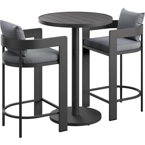 Tahoe 3 Piece Outdoor Round Bar Set in Aluminum & Gray Fabric