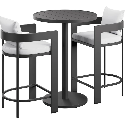 Tahoe 3 Piece Outdoor Round Bar Set in Aluminum & White Fabric