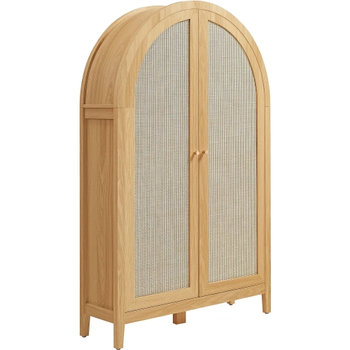 Calista 63" Arched Cabinet with Folding Desk in Oak Finish & Faux Rattan