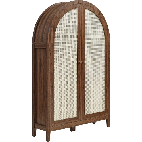 Calista 63" Arched Cabinet with Folding Desk in Walnut Finish & Faux Rattan