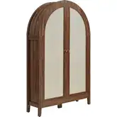 Calista 63" Arched Cabinet with Folding Desk in Walnut Finish & Faux Rattan