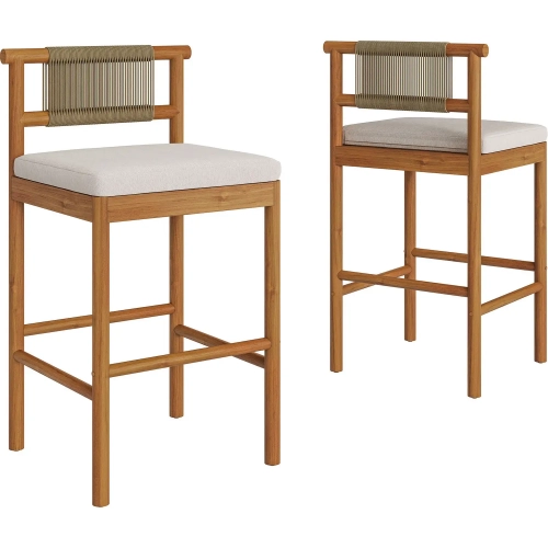 Eleni Outdoor Bar Stool in Natural Teak, Rope & Sail Color Fabric (Set of 2)