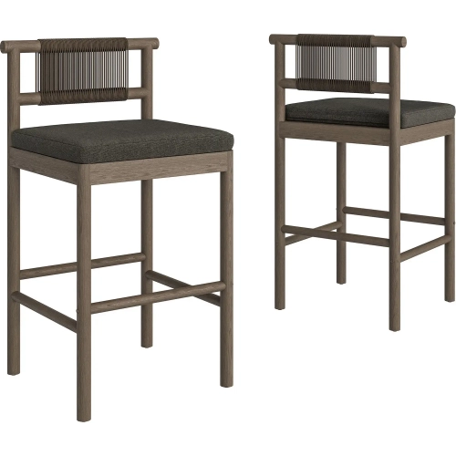 Eleni Outdoor Bar Stool in Weathered Gray Teak, Rope & Flint Gray Fabric (Set of 2)