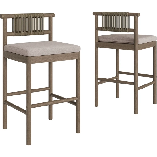 Eleni Outdoor Bar Stool in Weathered Gray Teak, Rope & Pebble Gray Fabric (Set of 2)