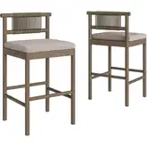 Eleni Outdoor Bar Stool in Weathered Gray Teak, Rope & Pebble Gray Fabric (Set of 2)