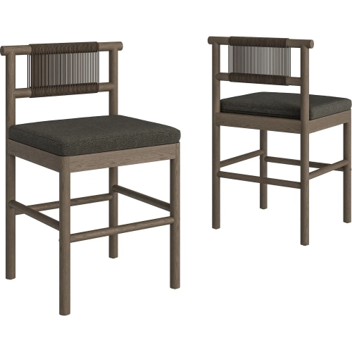 Eleni Outdoor Counter Stool in Weathered Gray Teak, Rope & Flint Gray Fabric (Set of 2)