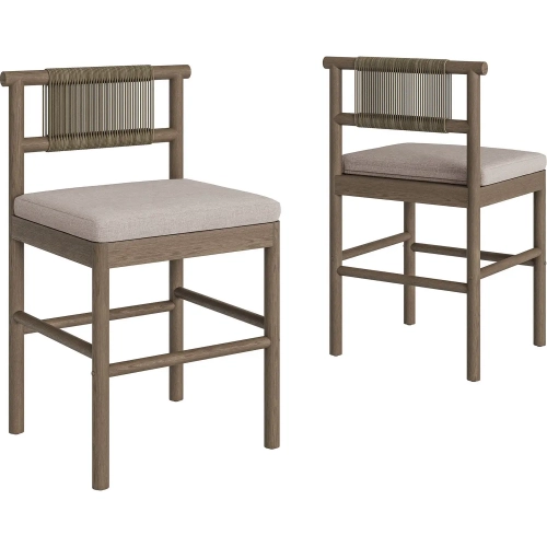 Eleni Outdoor Counter Stool in Weathered Gray Teak, Rope & Pebble Gray Fabric (Set of 2)