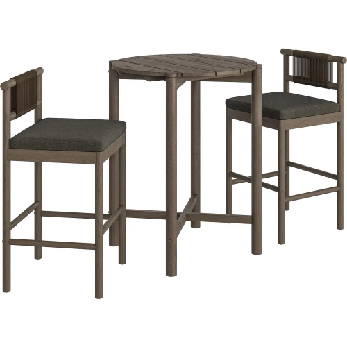 Eleni 3 Piece Outdoor Bar Set in Weathered Gray Teak, Rope & Flint Gray Fabric