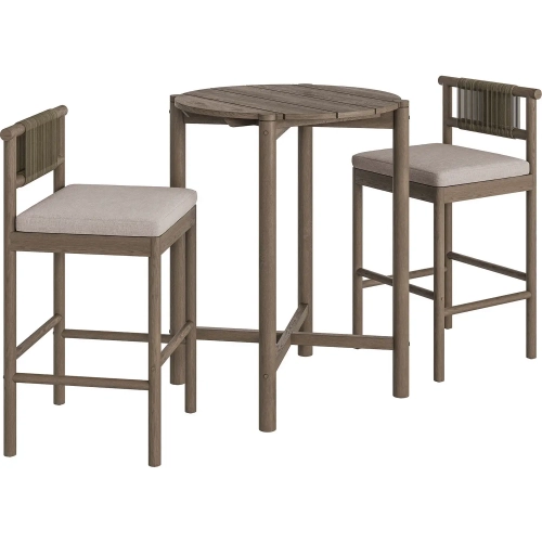 Eleni 3 Piece Outdoor Bar Set in Weathered Gray Teak, Rope & Pebble Gray Fabric