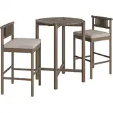 Eleni 3 Piece Outdoor Bar Set in Weathered Gray Teak, Rope & Pebble Gray Fabric
