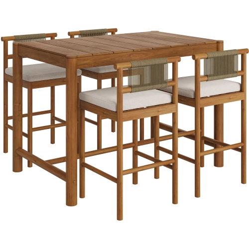 Eleni 5 Piece Outdoor Bar Set in Natural Teak, Rope & Sail Color Fabric