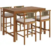 Eleni 5 Piece Outdoor Bar Set in Natural Teak, Rope & Sail Color Fabric