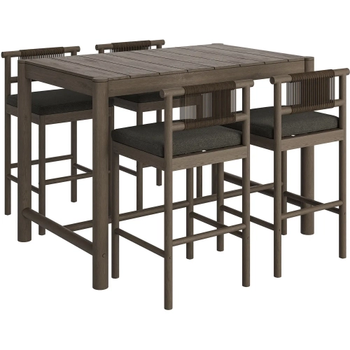 Eleni 5 Piece Outdoor Bar Set in Weathered Gray Teak, Rope & Flint Gray Fabric