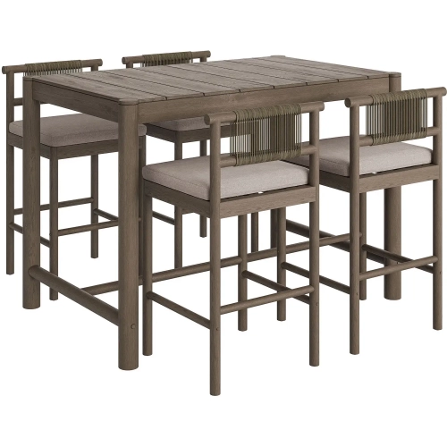 Eleni 5 Piece Outdoor Bar Set in Weathered Gray Teak, Rope & Pebble Gray Fabric