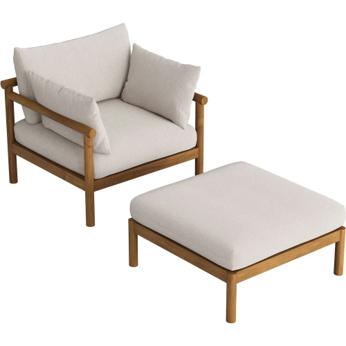 Eleni Outdoor Accent Chair & Ottoman Set in Natural Teak & Sail White Fabric