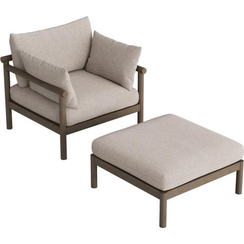 Eleni Outdoor Accent Chair & Ottoman Set in Weathered Gray Teak & Pebble Fabric