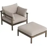 Eleni Outdoor Accent Chair & Ottoman Set in Weathered Gray Teak & Pebble Fabric