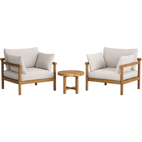 Eleni 3 Piece Outdoor Accent Chair & Ottoman Set in Natural Teak & Sail White Fabric